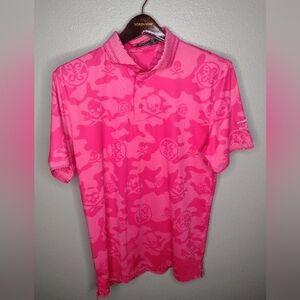 Fore Mens Polo Shirt Medium Pink Camo Performance Golf Skull Crossbone B11